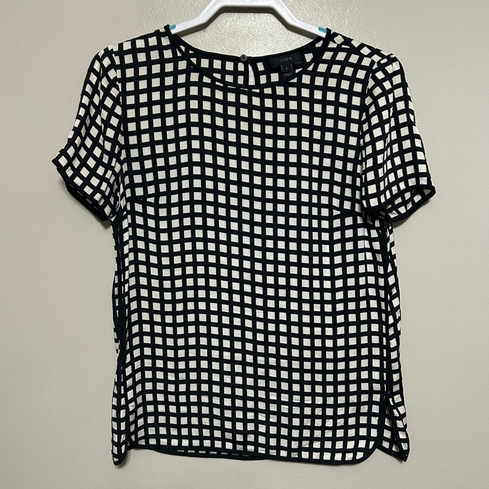 J.Crew Blouse Womens 2 Black White Excellent Windowpane Grid Short Sleeve Top